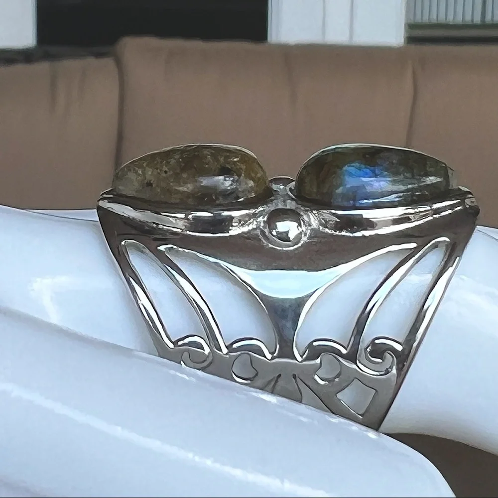 Malagasy Labradorite Large Open Framework Statement Ring Sz 8